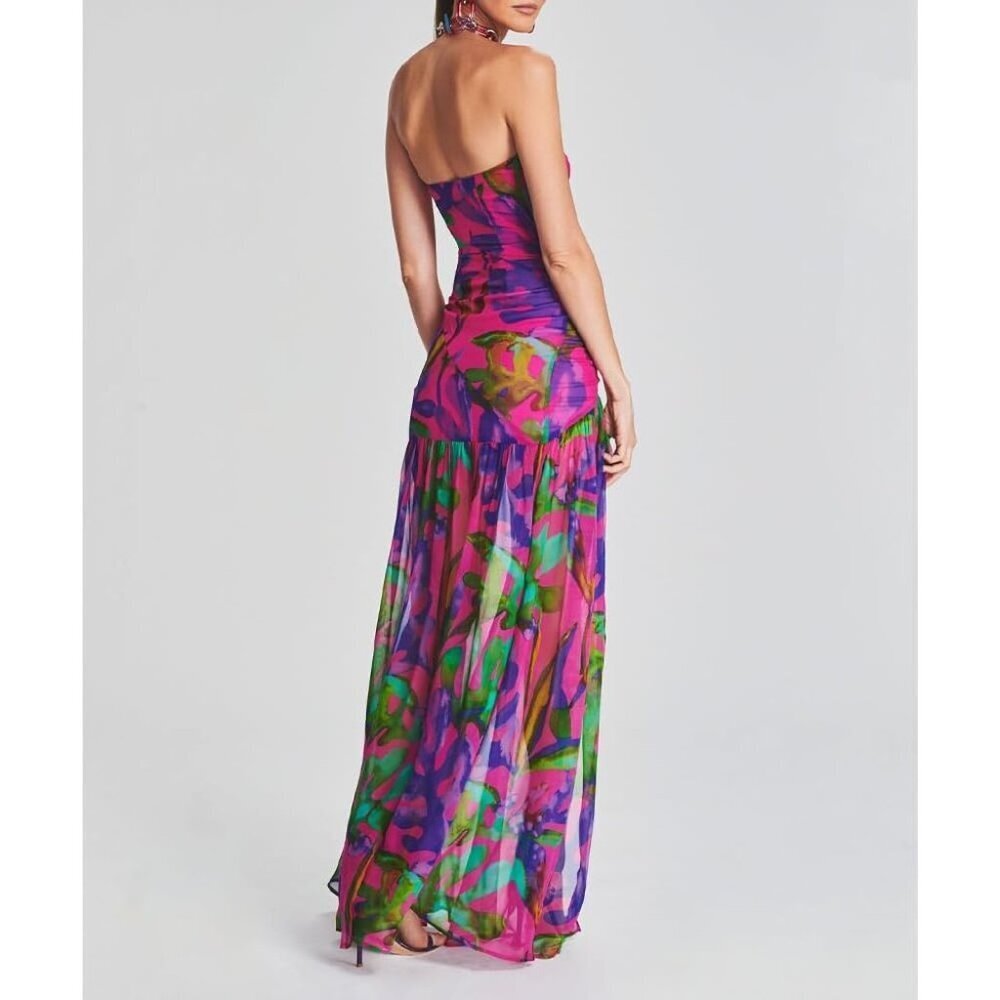 Women Purple Tiger Stripe Mesh Patchwork Maxi Strapless High Slit Long Dresses - Picture 2 of 5